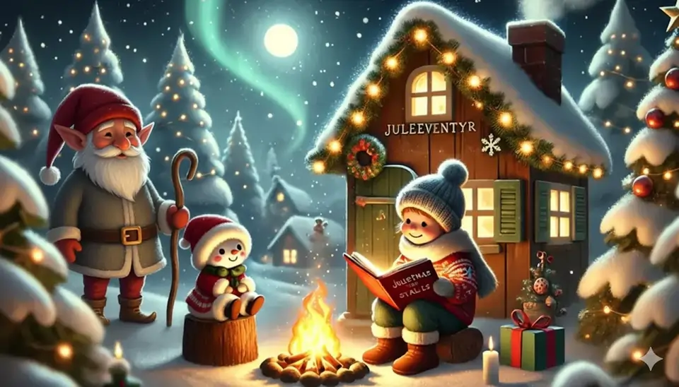 Juleeventyr Nisse snømann og hus i snøen